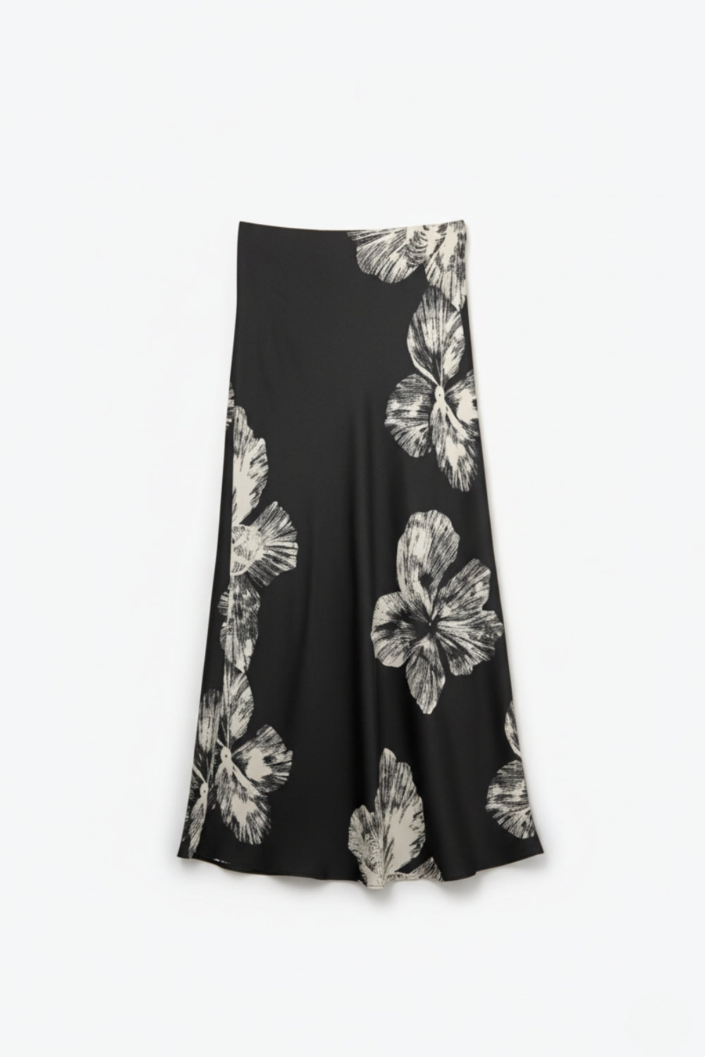 Black Floral Satin Midi Skirt in satin