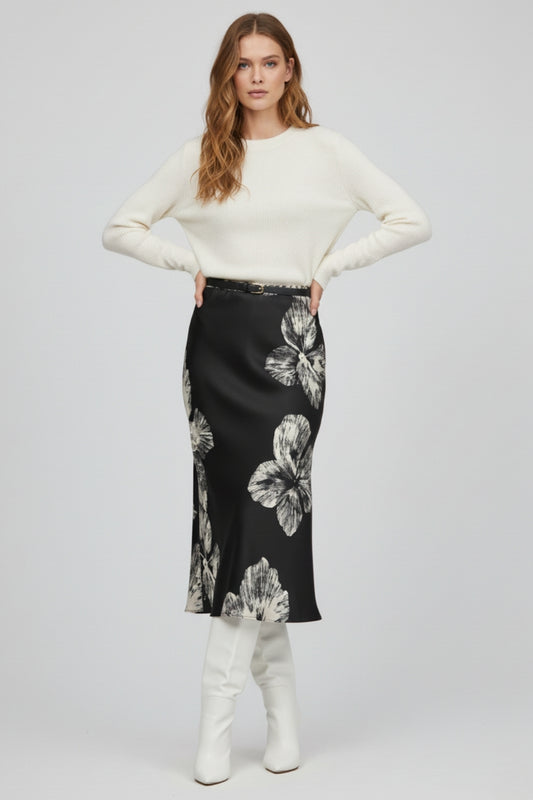 Q2 Black Floral Satin Midi Skirt in satin