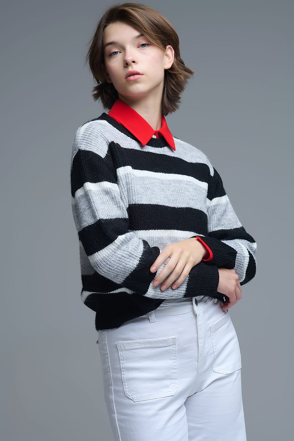 Black jersey with white and grey stripes