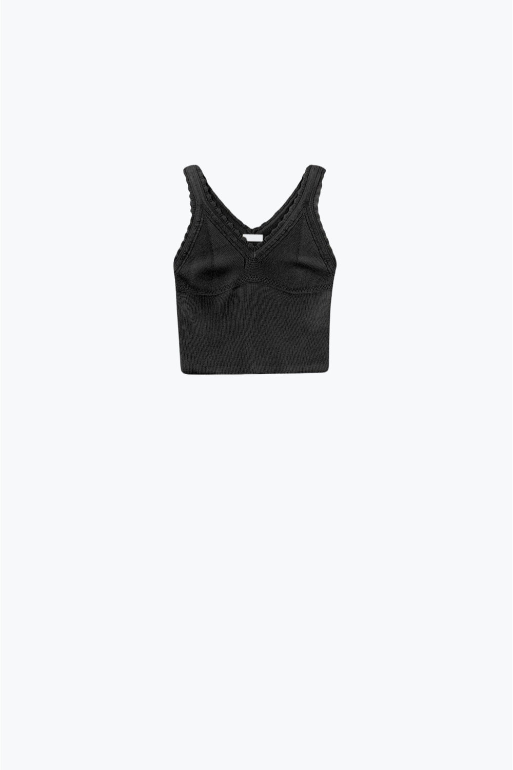 Q2 Black Knit V-Neck Top with Scalloped Edges
