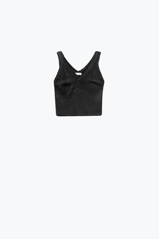 Q2 Black Knit V-Neck Top with Scalloped Edges
