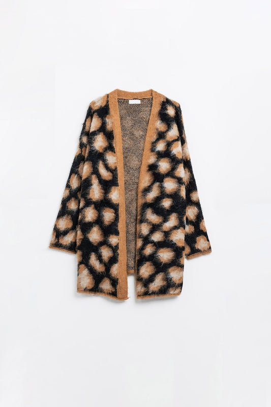 Q2 black Leopard print cardigan made of knitted fabric with wool