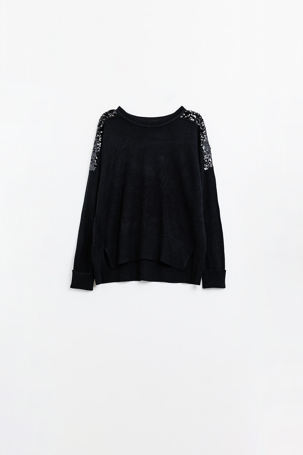 Camisola preta de manga comprida com lantejoulas nos ombros