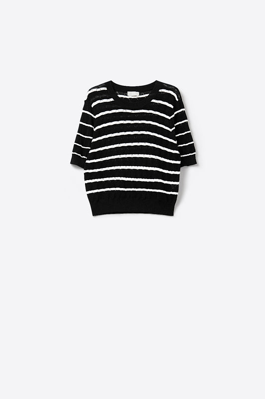 Q2 Black Openwork Knit Top with Short Sleeves and White Stripes