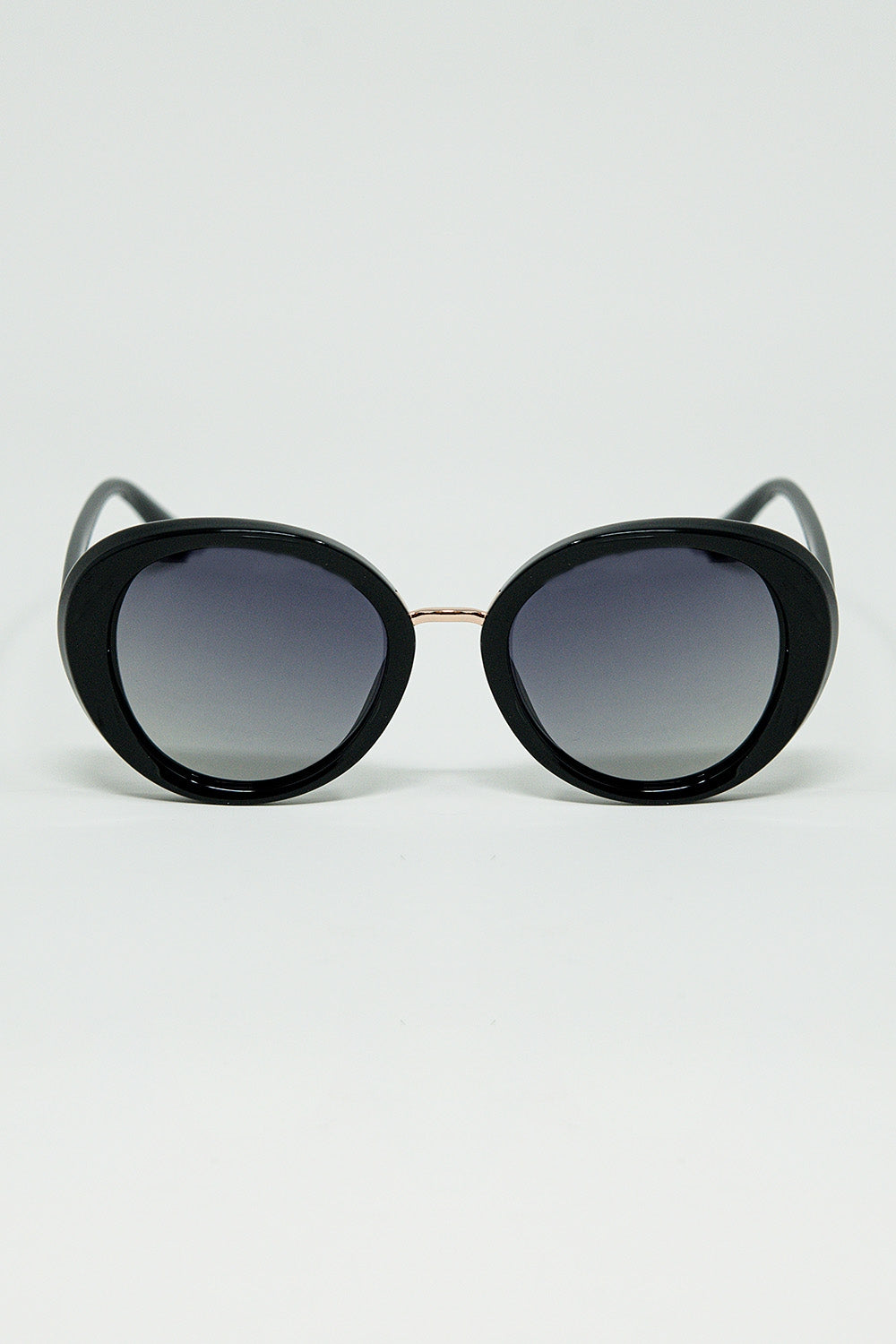 Q2 Black Oval Shaped Sunglasses with metal gold detail