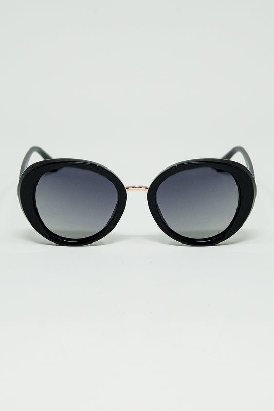 Q2 Black Oval Shaped Sunglasses with metal gold detail