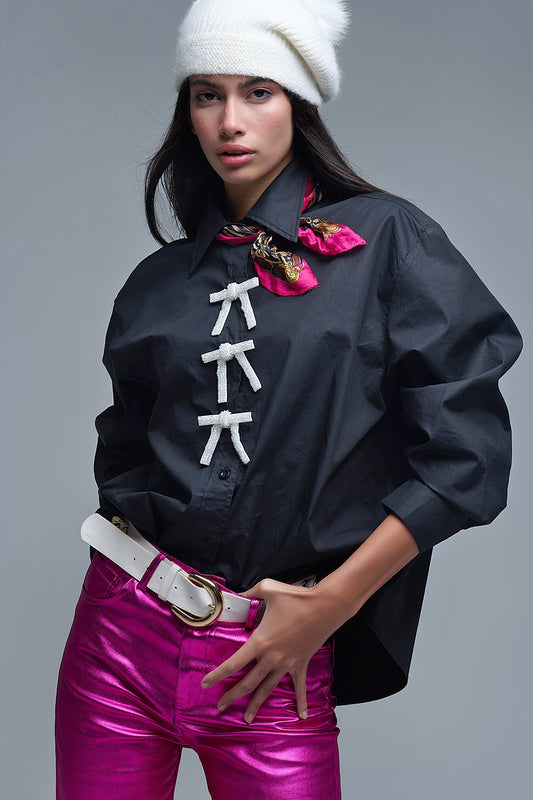 Q2 Black Oversized Poplin Shirt With White Beaded Bow Buttons