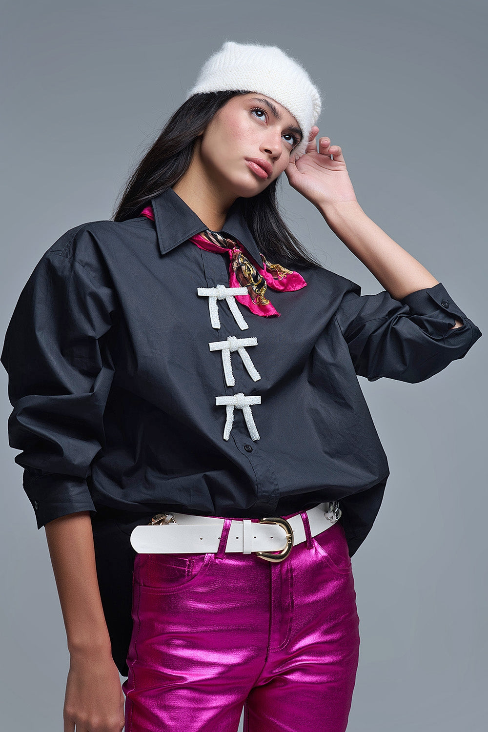 Black Oversized Poplin Shirt With White Beaded Bow Buttons