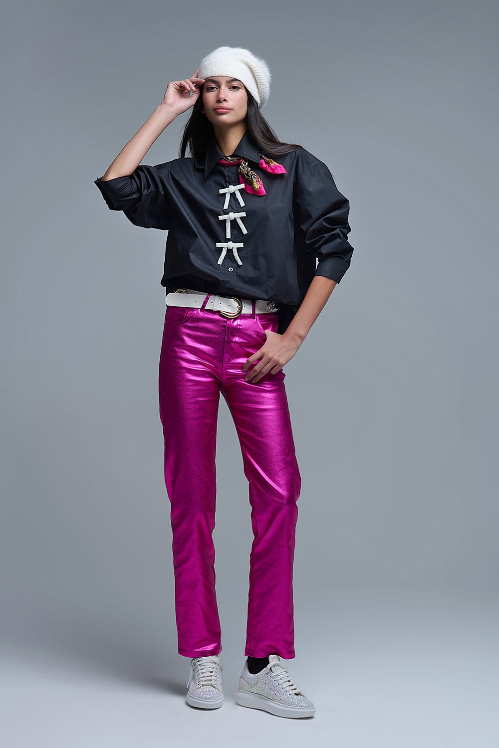 Black Oversized Poplin Shirt With White Beaded Bow Buttons