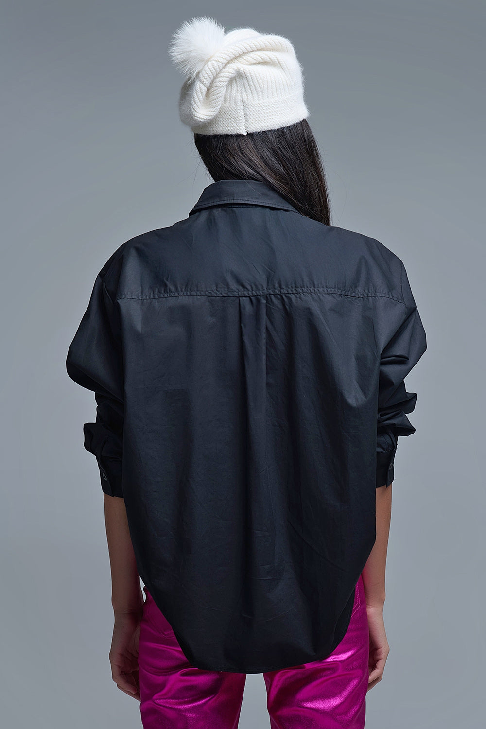 Black Oversized Poplin Shirt With White Beaded Bow Buttons