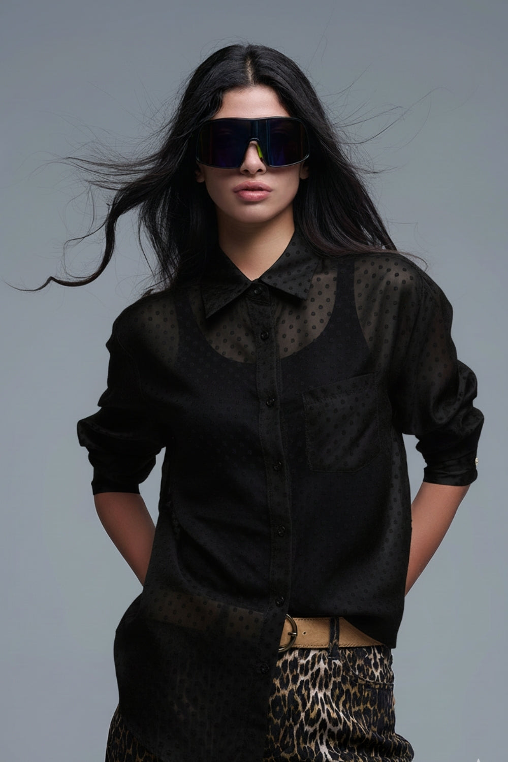 Q2 Black Polka-Dot Button-Up Shirt in chiffon