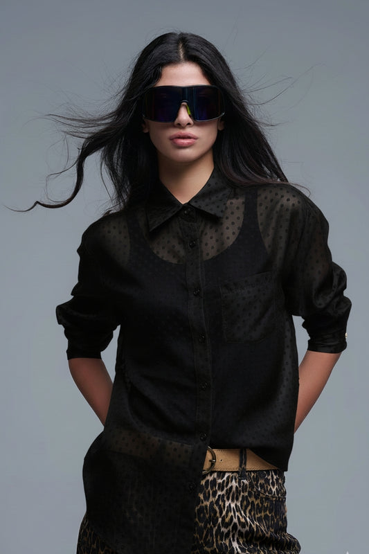 Q2 Black Polka-Dot Button-Up Shirt in chiffon