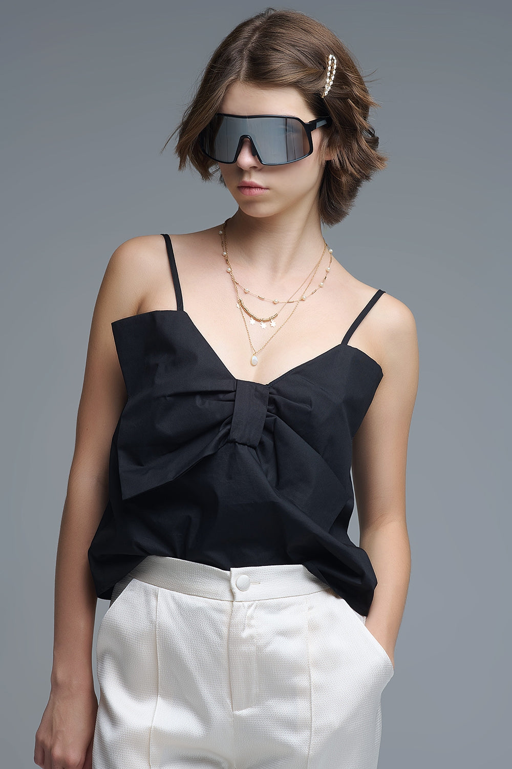 Black poplin crop top with bow detail