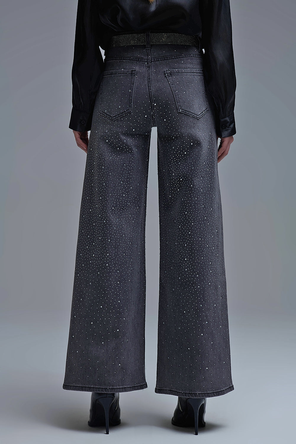 Black Rhinestone Wide-Leg Jeans