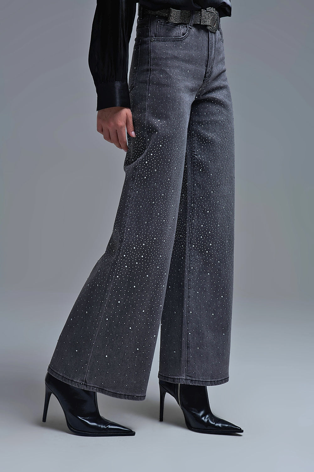 Black Rhinestone Wide-Leg Jeans