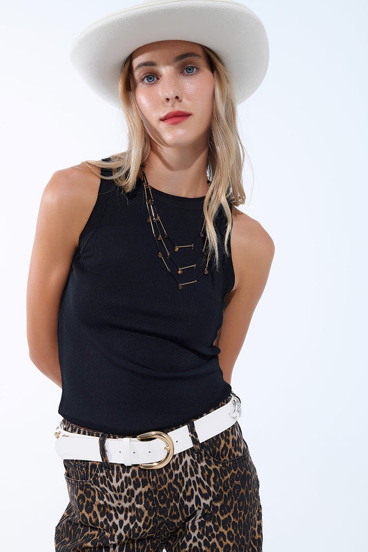 Q2 Black Ribbed fine knit Sleeveless Top