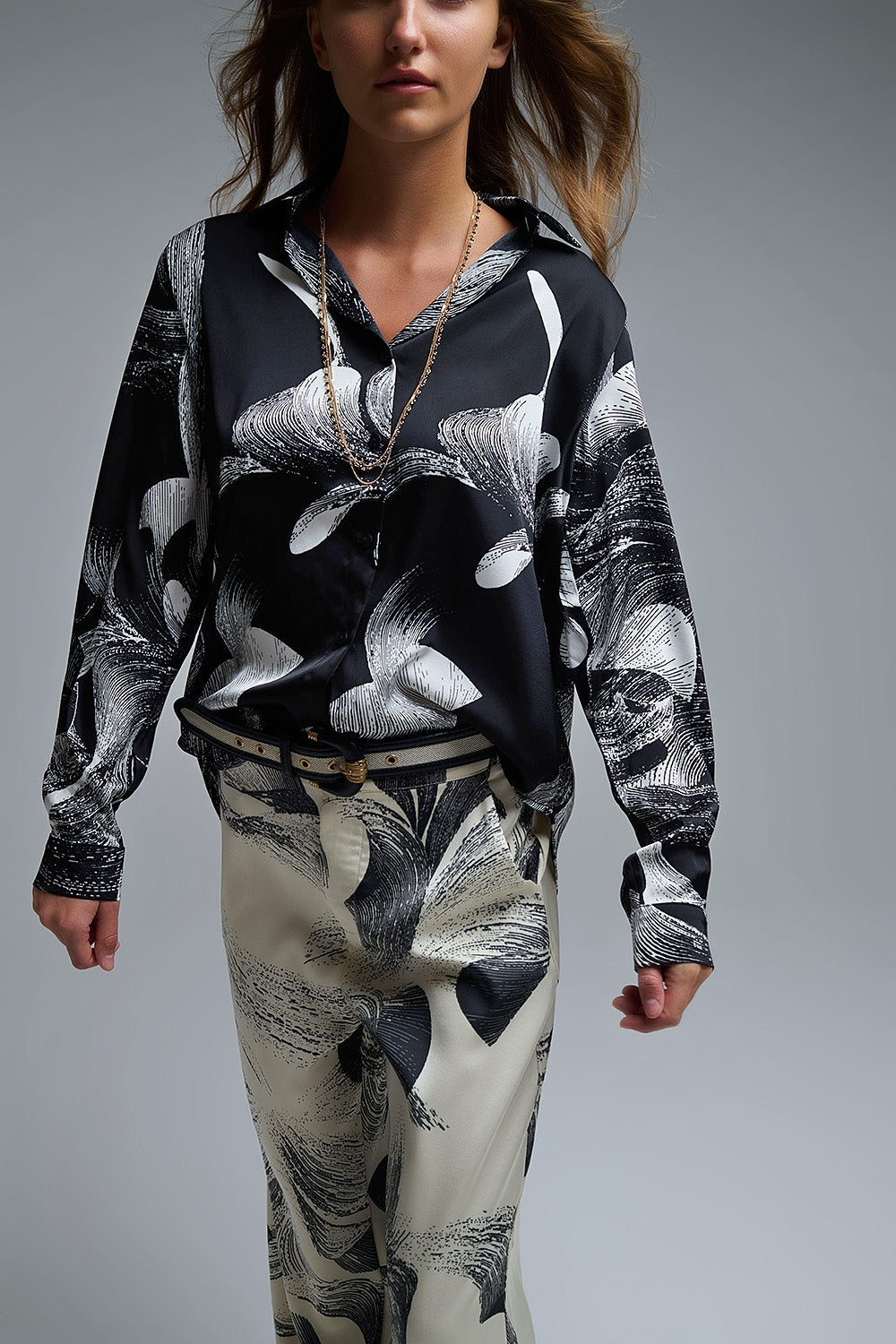 Black Satin blouse in abstract print