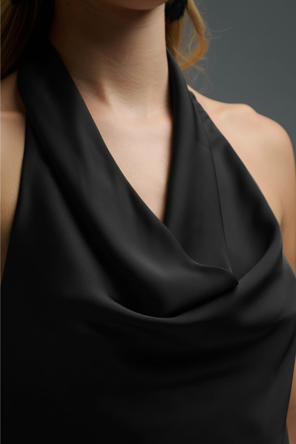 Black Satin Halter Top with Draped Neckline