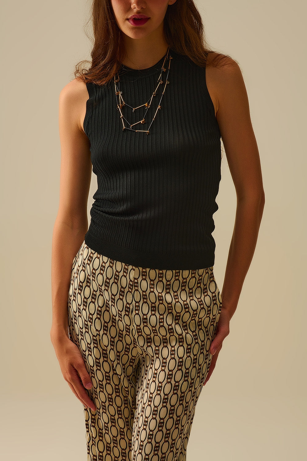 Zwarte mouwloze geribbelde top