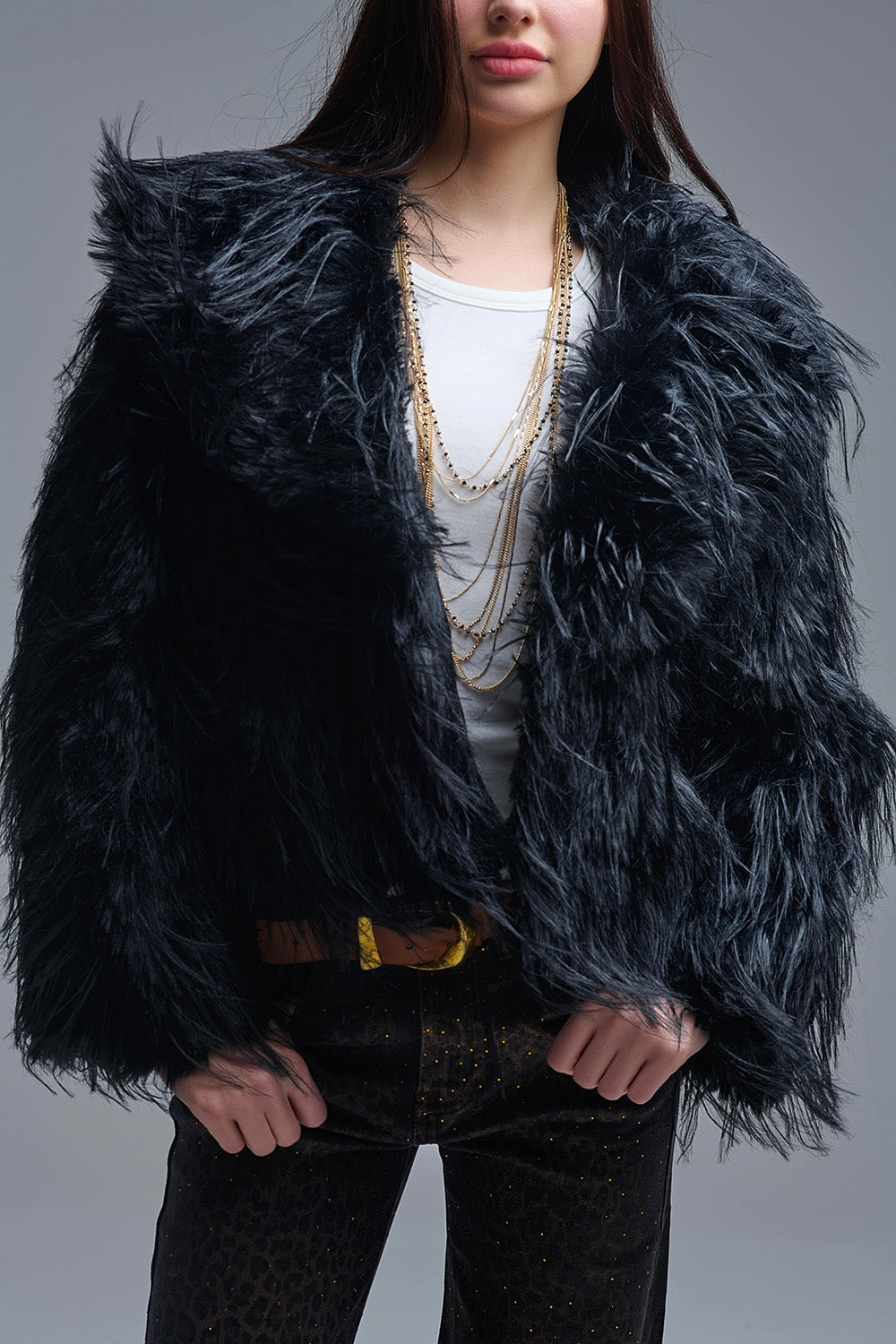 Q2 Black Statement Faux Fur Jacket with Big Collar