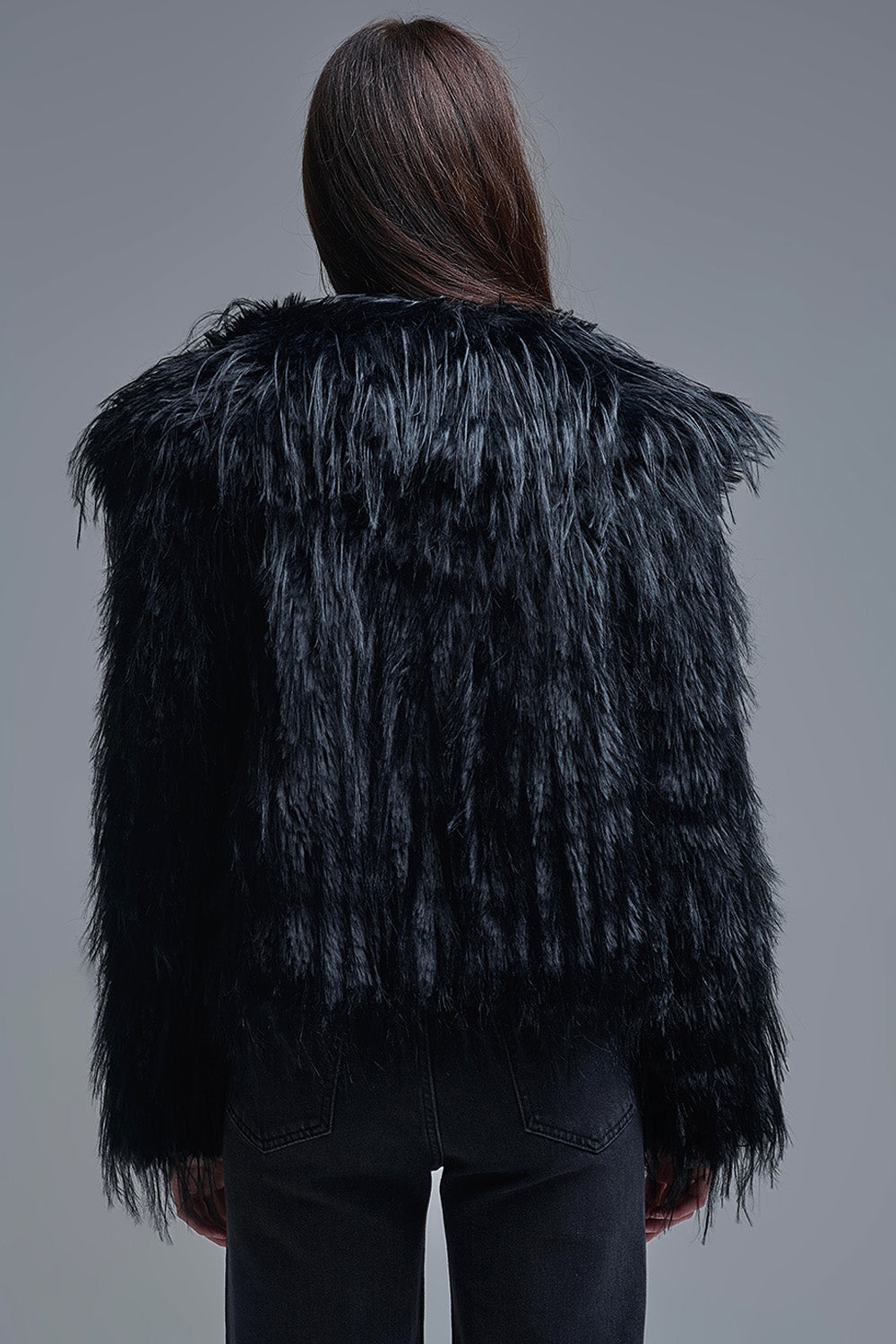 Black Statement Faux Fur Jacket with Big Collar