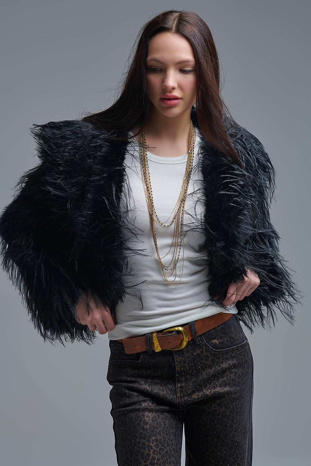 Black Statement Faux Fur Jacket with Big Collar