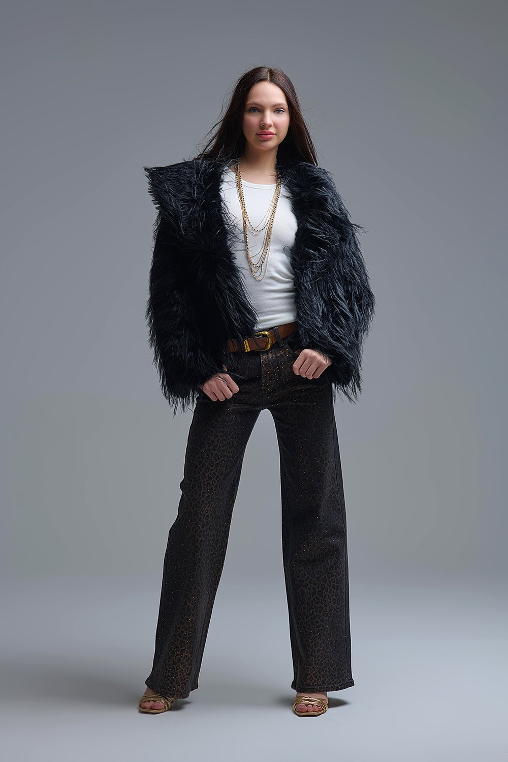 Black Statement Faux Fur Jacket with Big Collar