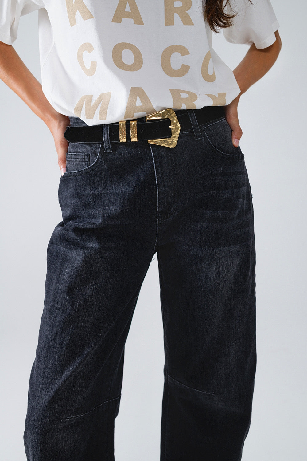 Calça de ganga Preta Reta com Detalhe de Costura