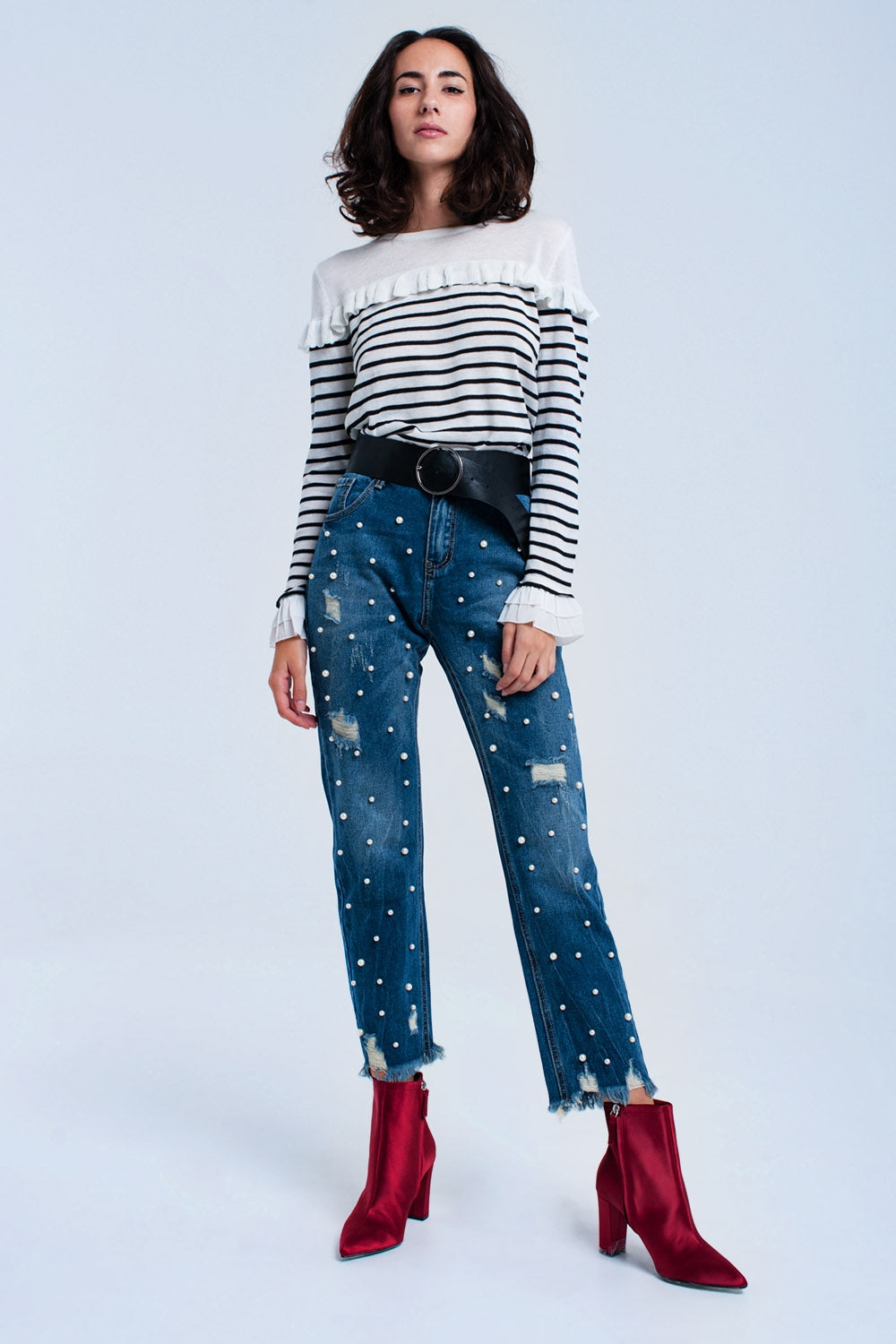 Zwarte gestreepte trui met ruches