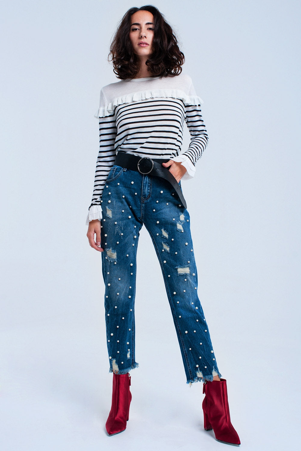 Zwarte gestreepte trui met ruches