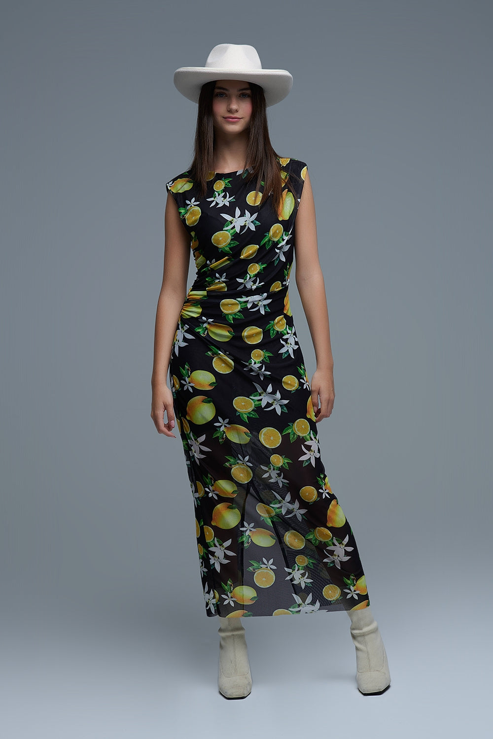 Q2 Black Tulle Maxi Dress With Side Rouching in Yellow Lemon Print