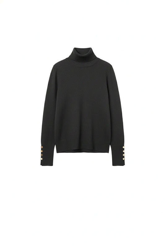 Q2 Black turtleneck sweater with gold buttons on the cuff