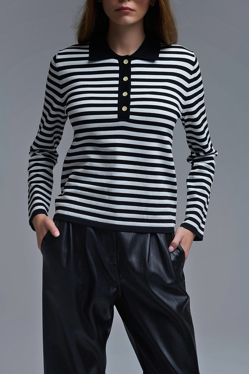 Black & White Striped Long-Sleeve Polo