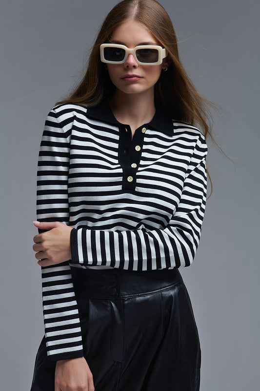 Q2 Black & White Striped Long-Sleeve Polo
