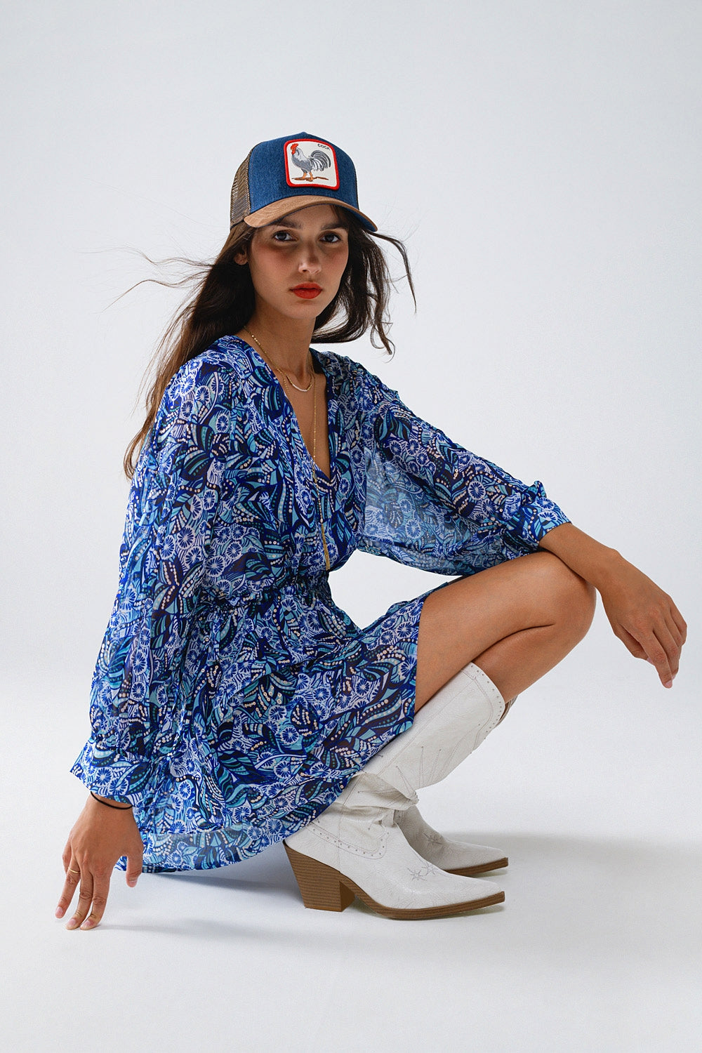 Q2 Blue abstract print short dress with adjustable waist