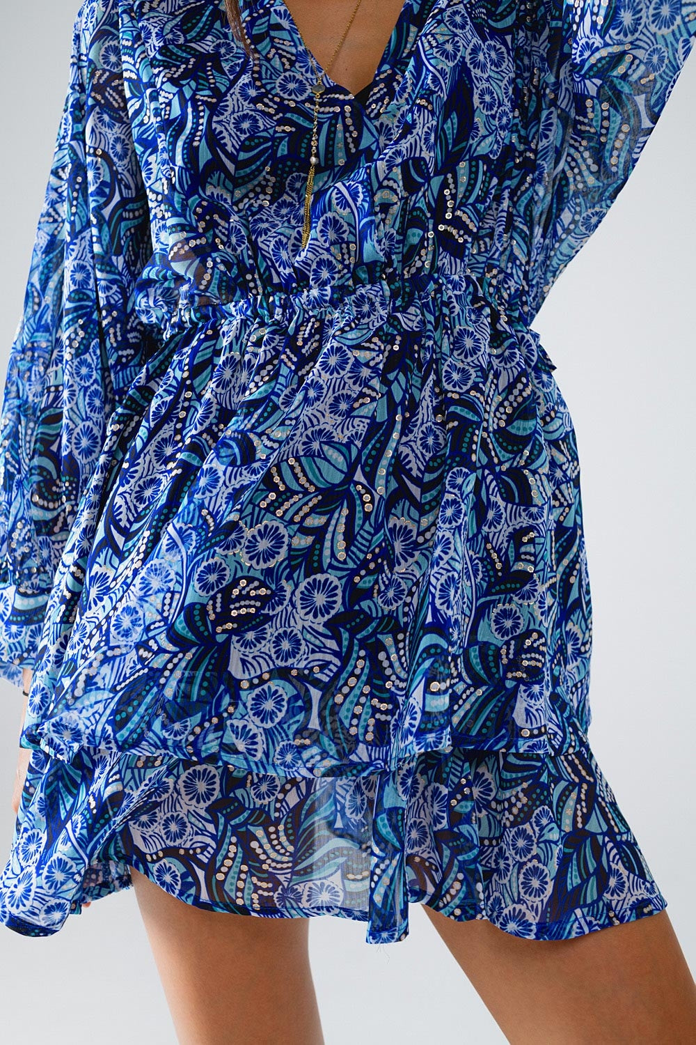 Blue abstract print short dress with adjustable waist