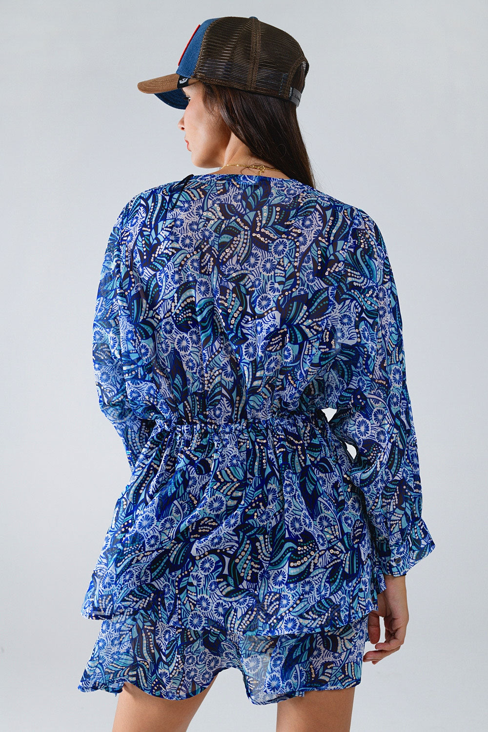 Blue abstract print short dress with adjustable waist