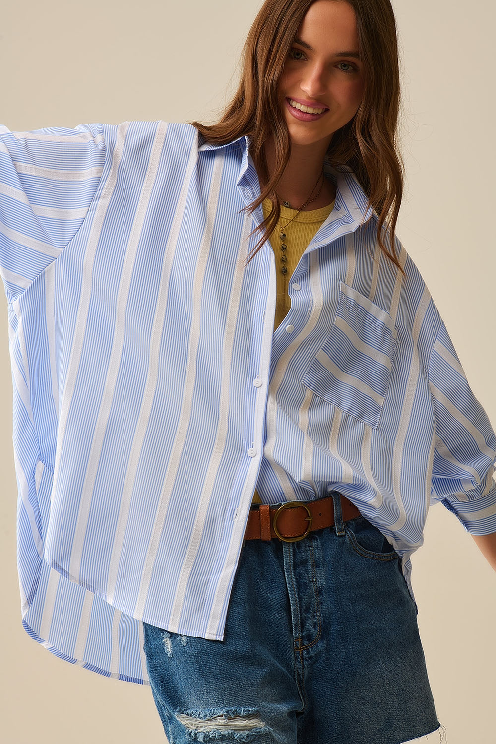 Blue and White relaxed fit Striped Shirt Tie at The Back