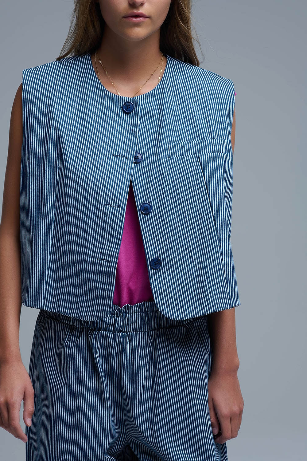 Blue and White Striped Crew Neck Vest