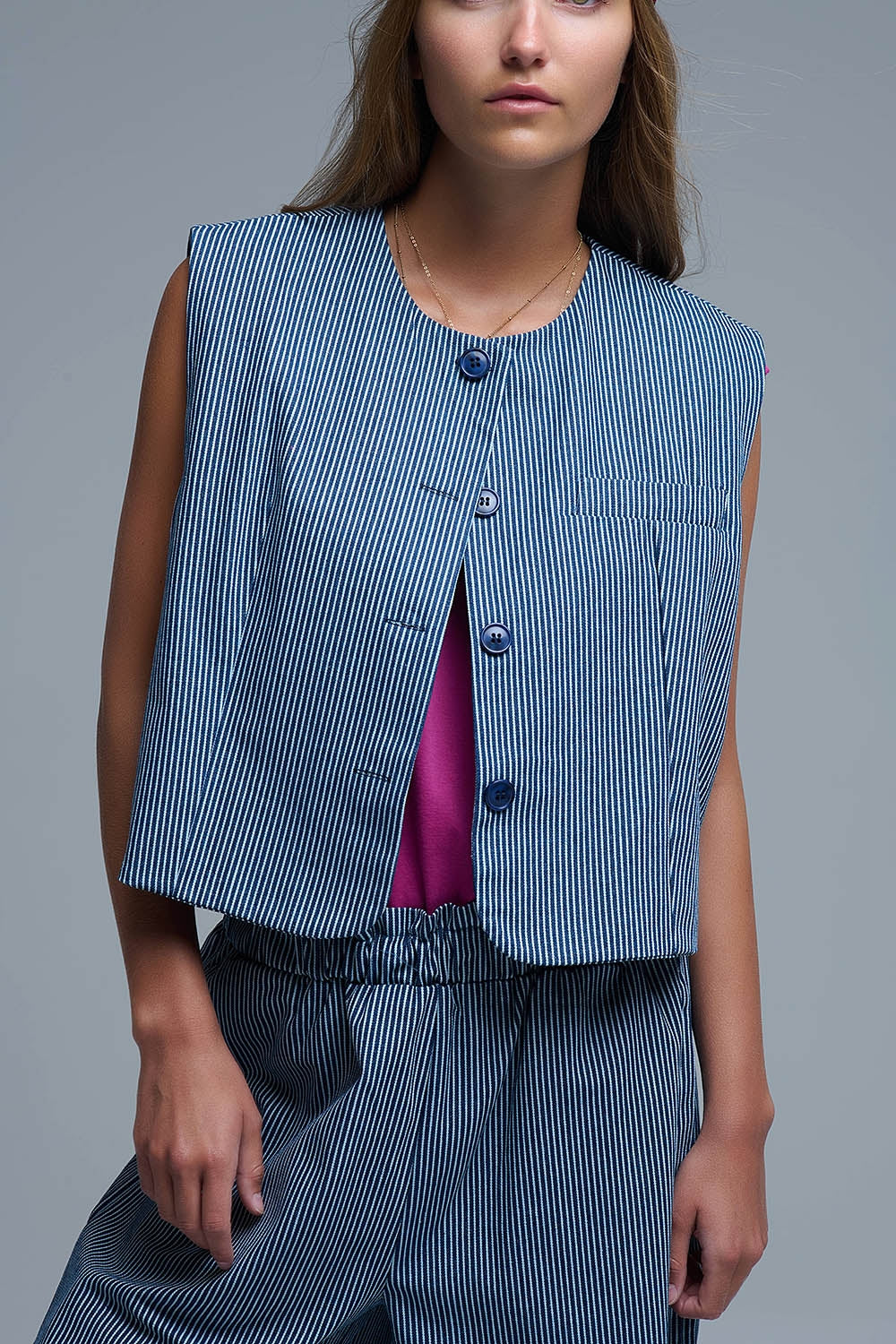 Blue and White Striped Crew Neck Vest