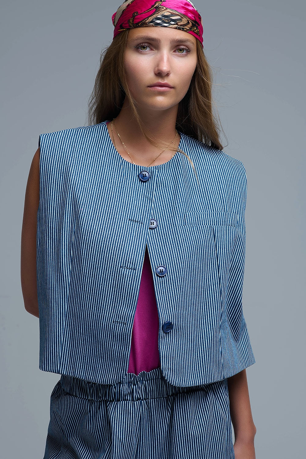 Q2 Blue and White Striped Crew Neck Vest