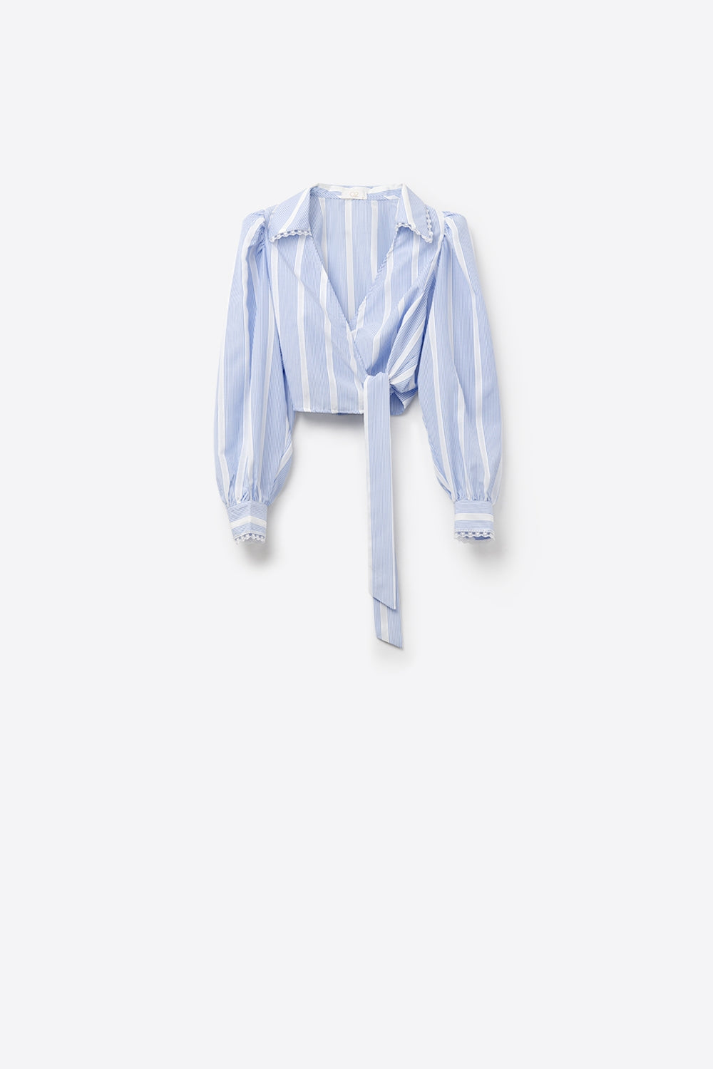 Blue and White Wrap Striped Shirt With Lace in Details