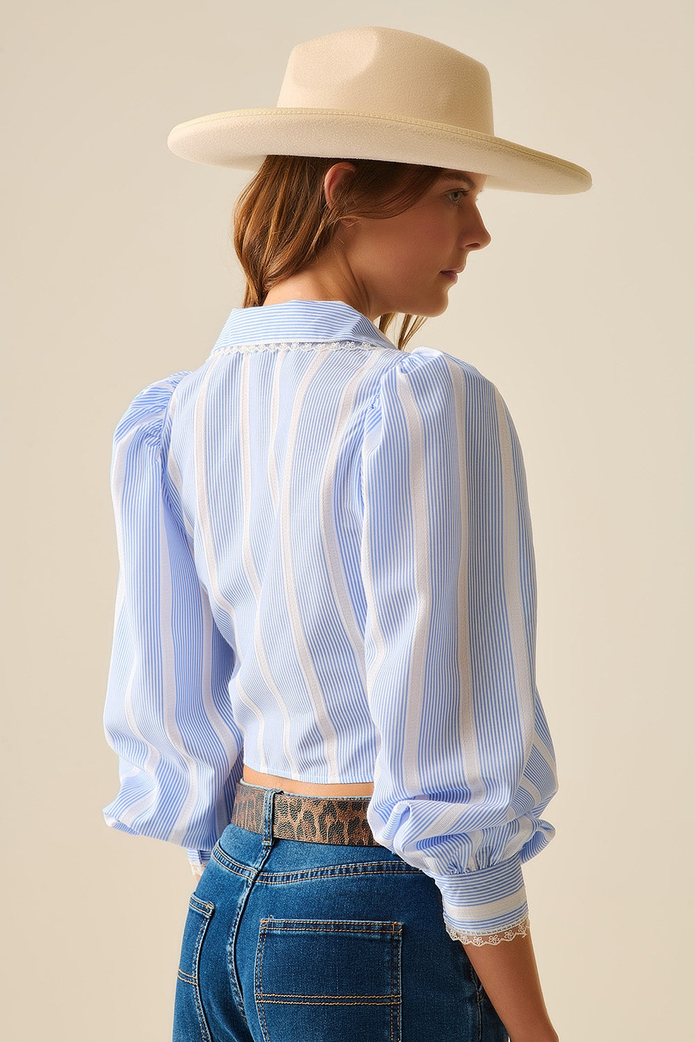 Blue and White Wrap Striped Shirt With Lace in Details