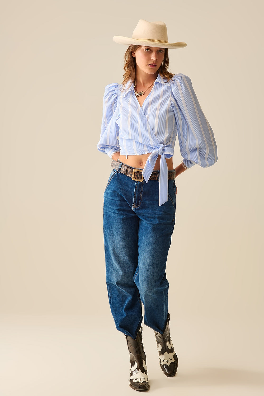 Blue and White Wrap Striped Shirt With Lace in Details