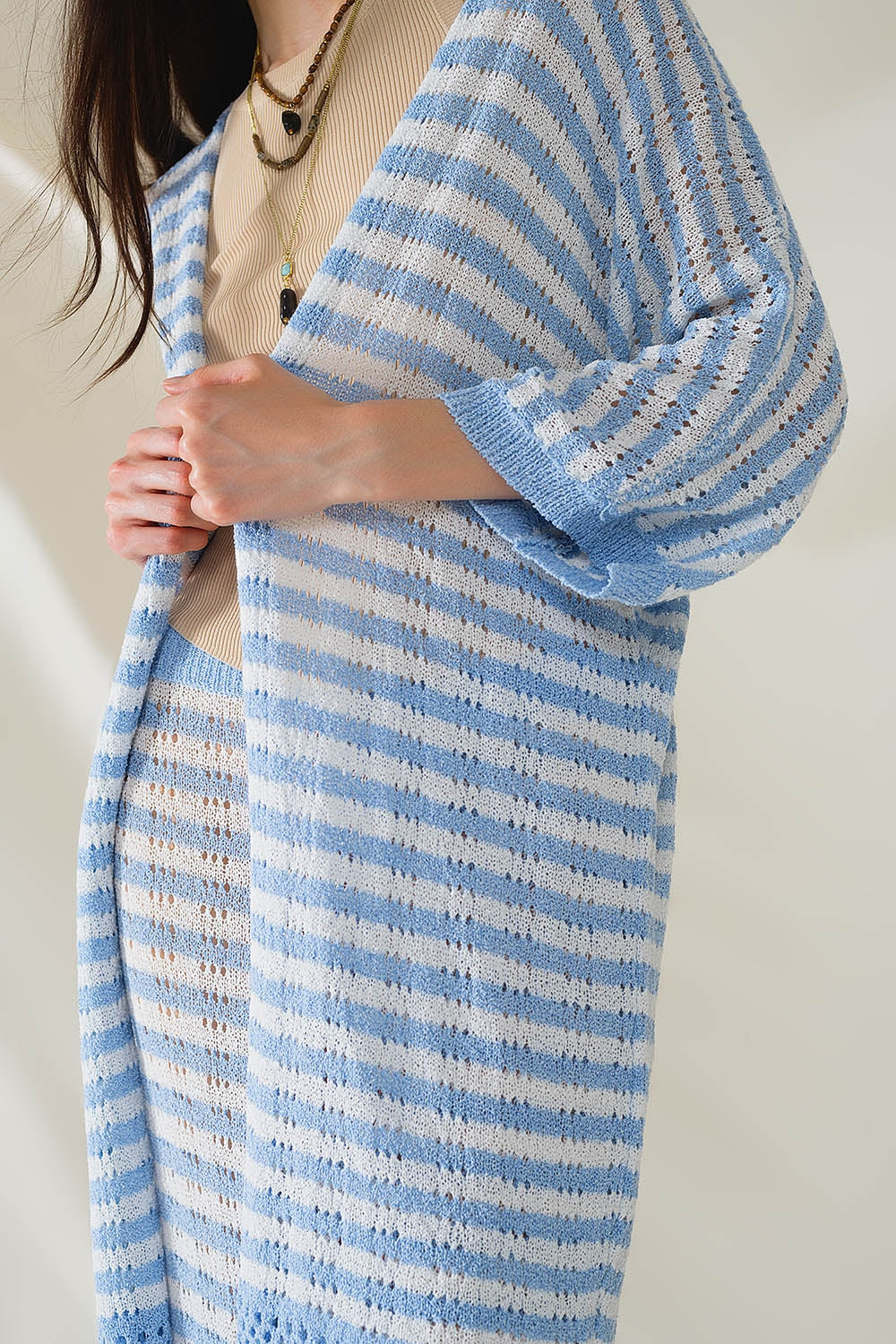 Blue Boho Style Cardigan With Stripes Pointelle Knit and Fringe Details
