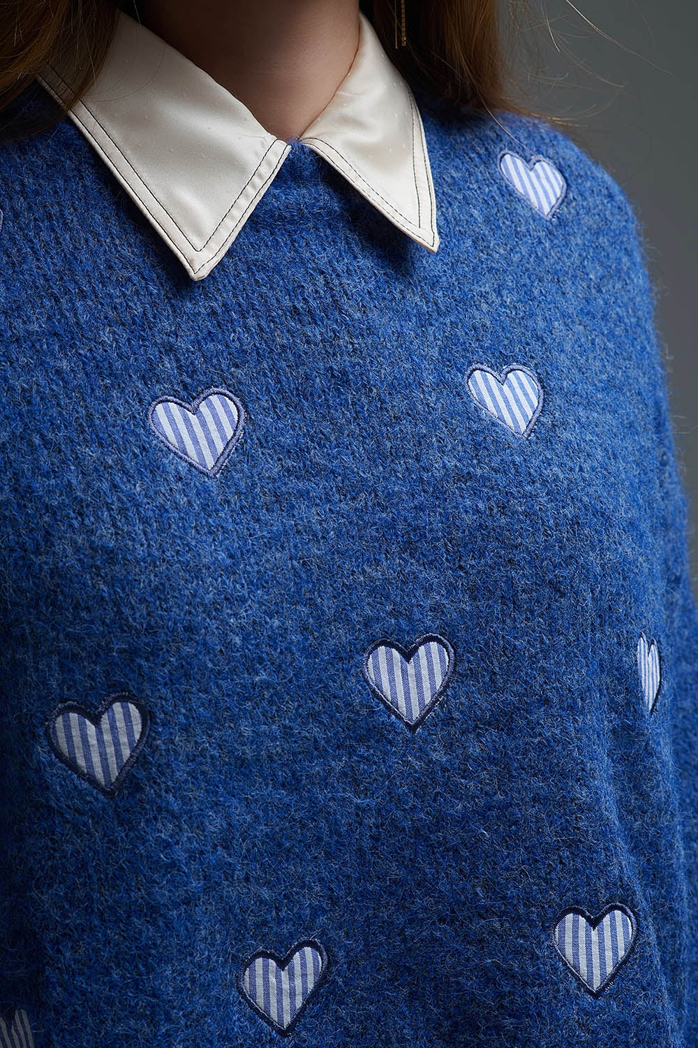 Blue Crew Neck Sweater With Striped Hearts