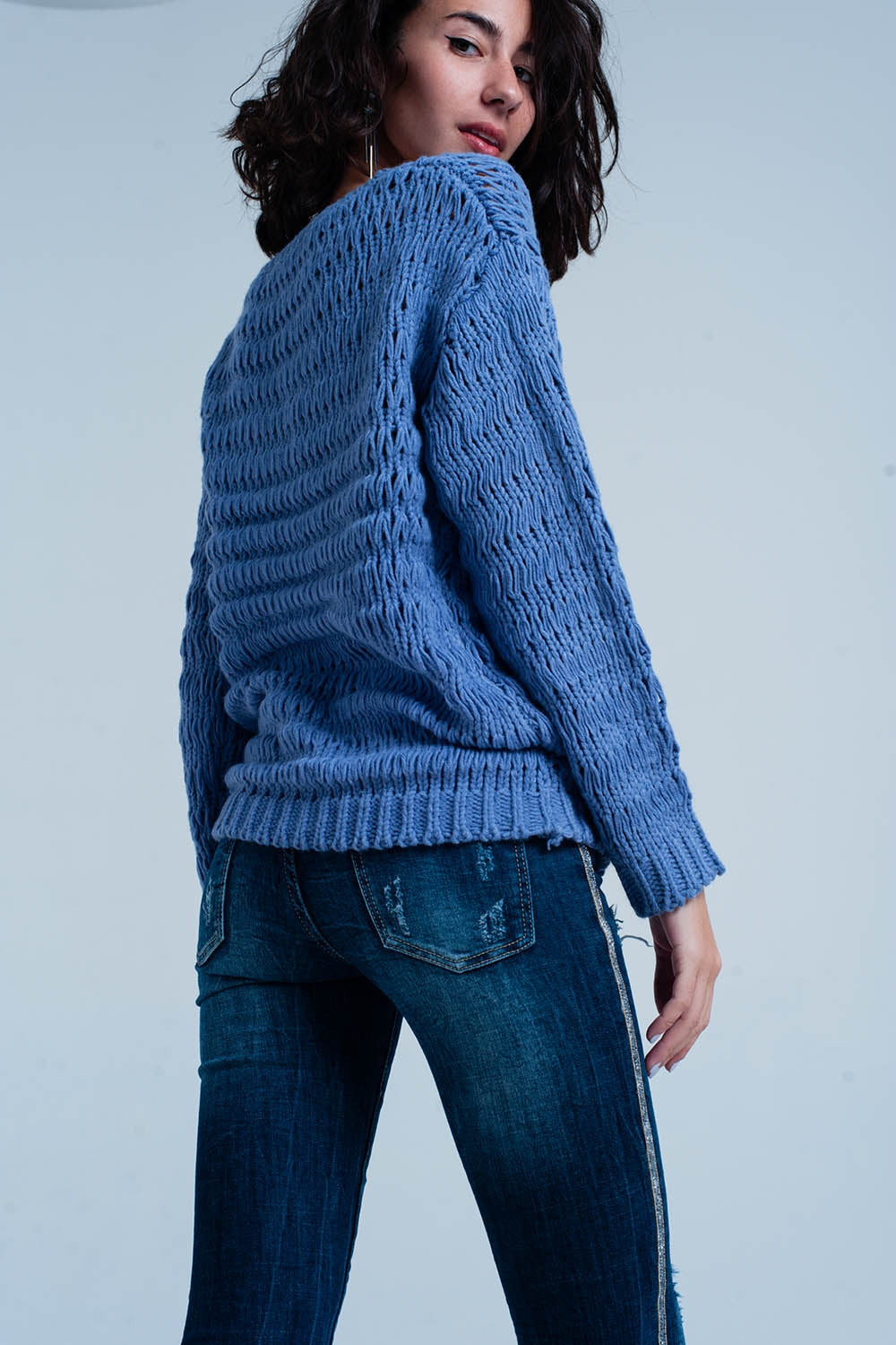 Blauwe Dropstitch gebreide trui