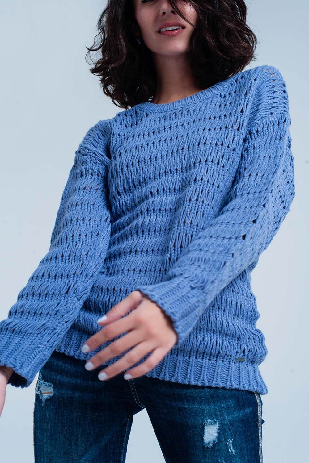 Blauwe Dropstitch gebreide trui