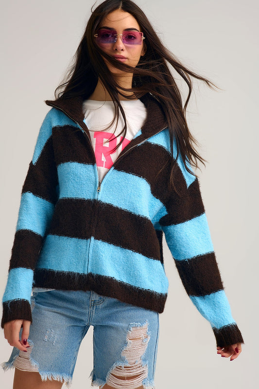 Q2 Blue Fluffy Knitted Zip-Up Jacket with Brown Stripes