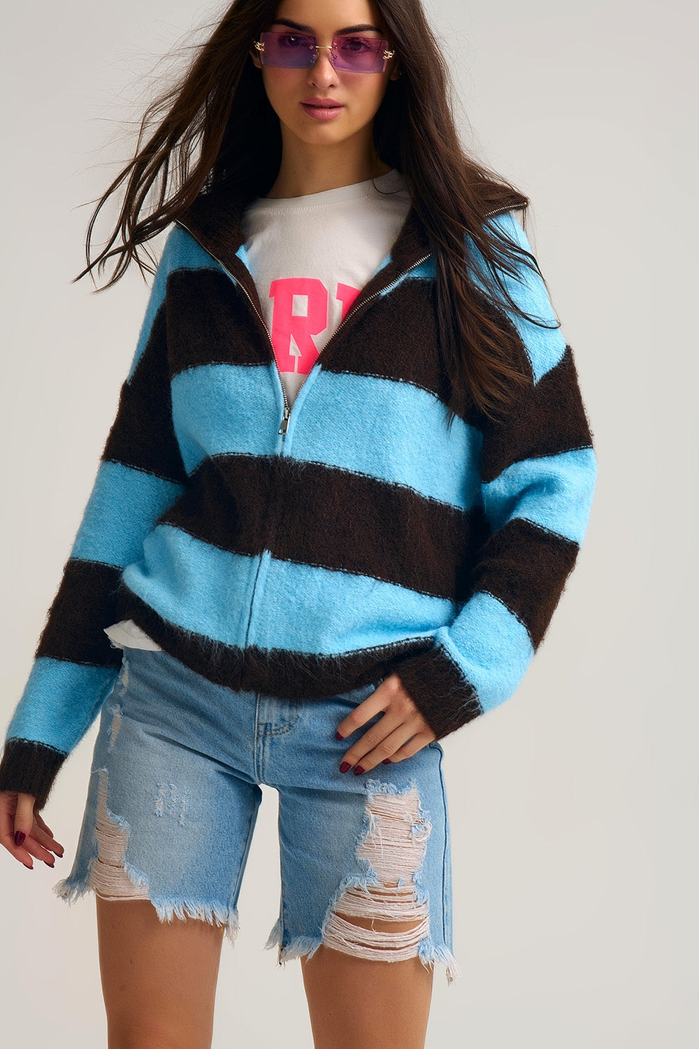 Blue Fluffy Knitted Zip-Up Jacket with Brown Stripes